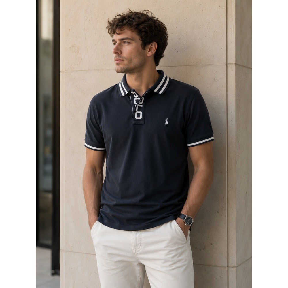 POLO RALPH LAUREN Polo Shirt Logo Placket Mens XL Navy Blue‎ Classic Fit Preppy
